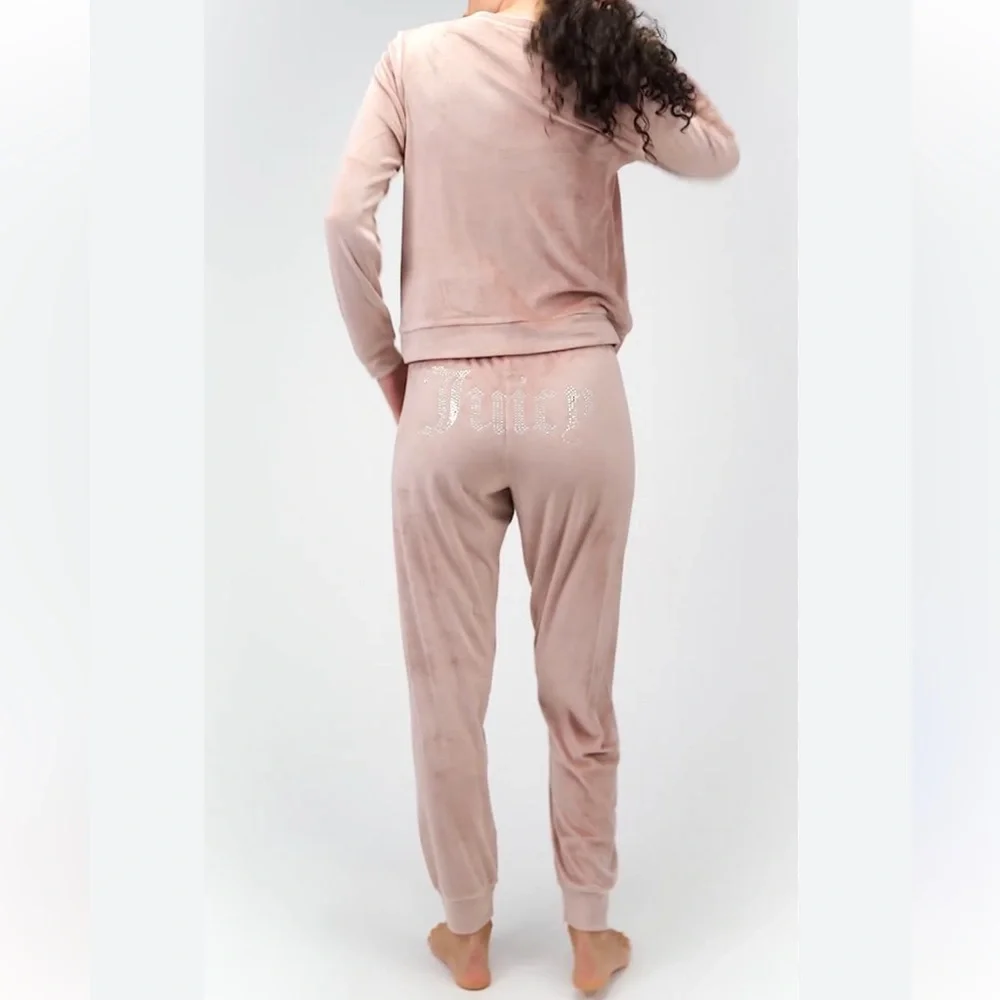 Juicy Couture Sleepwear Velour Rhinestone Long Sleeve and Pants Set in Pink